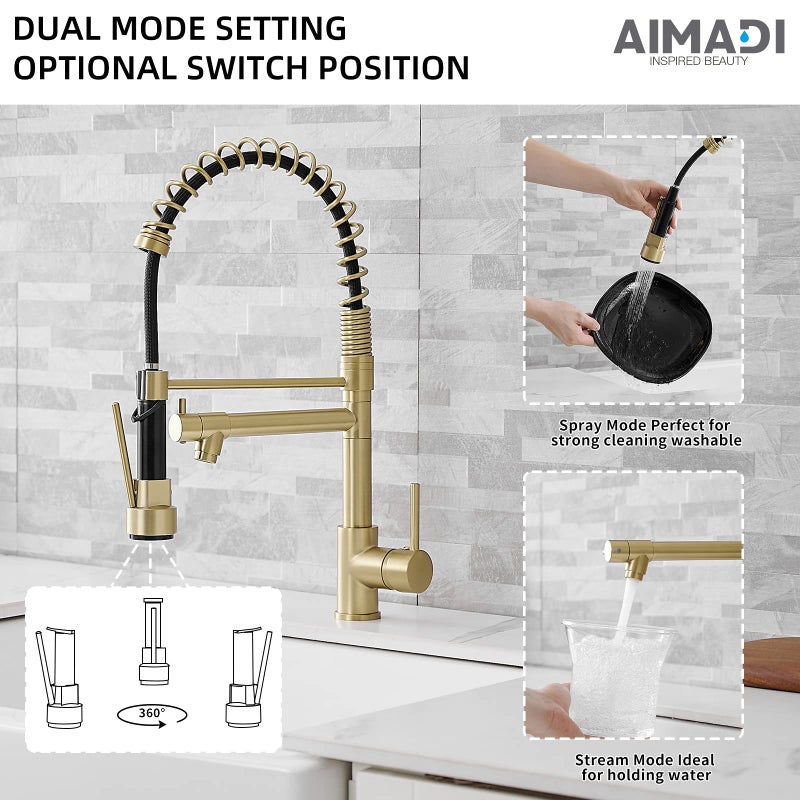 AIMADI Brushed Gold Kitchen Faucet with Pull Down Sprayer, AIMADI Commercial Gold Kitchen Sink Faucet Single Handle Spring Two Nozzles Faucets - Image 3
