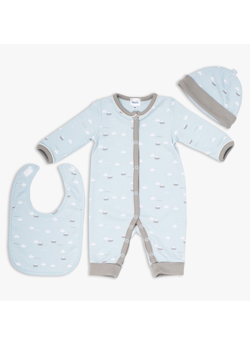 MOON 100% Cotton  Sleepsuit, Hat And Bib 3pcs 1-3M Teal - Little Boat - Image 1