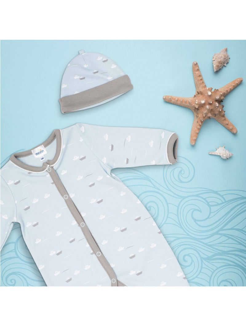 MOON 100% Cotton  Sleepsuit, Hat And Bib 3pcs 1-3M Teal - Little Boat - Image 5