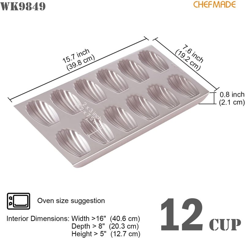 CHEFMADE Mini Madeleine Mold Cake Pan, 12-Cavity Non-Stick Tiny Oval Shell Madeline Bakeware for Oven Baking (Champagne Gold) - Image 2