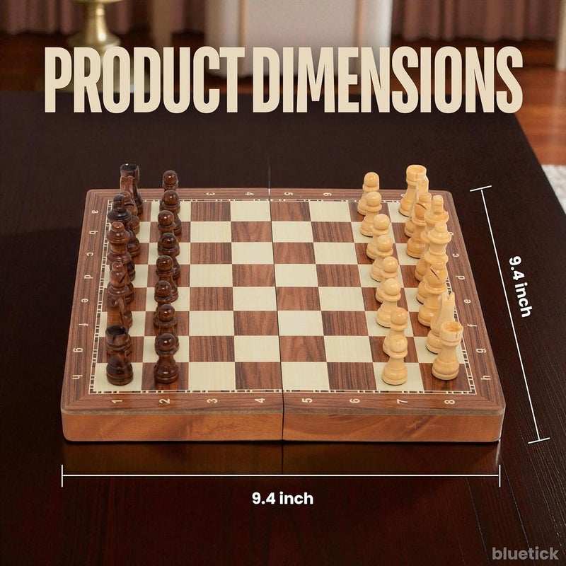 Blue Tick Bluetick 10 Inches Wooden Magnetic Chess Board Foldable Set with Magnetic Pieces & Extra Queens – Travel Chess Game for Kids & Adults - Image 2