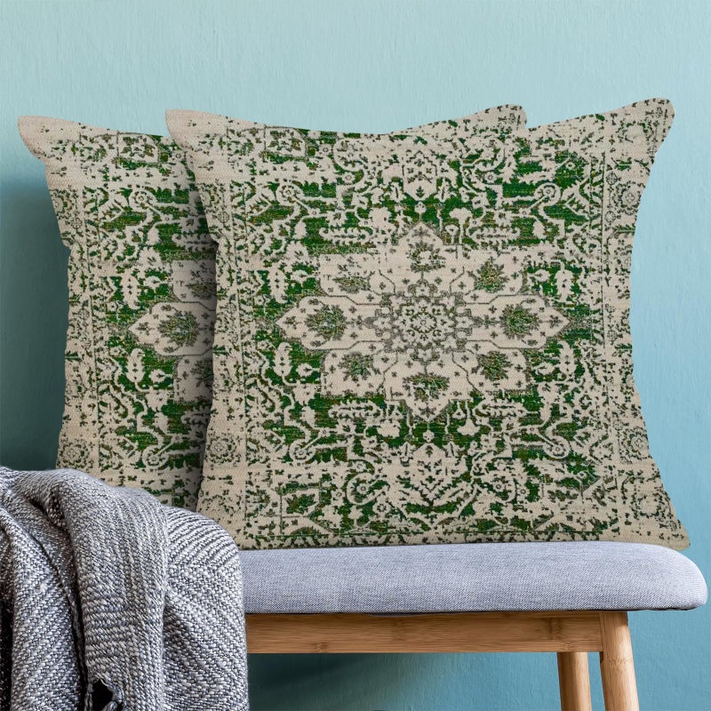 AEIOAE Boho Pillow Covers 18x18 Inch Set of 2 Sage Green Beige Carpet Pattern Throw Pillows Case Ethnic Design Retro Outdoor Decorative Square Linen Farmhouse Decor Cushion Covers for Home Sofa Couch - Image 2