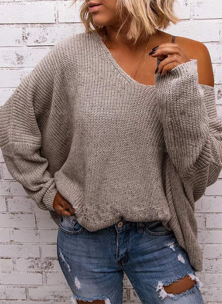 BZB Women's V Neck Long Sleeve Knit Loose Oversized Pullover Sweater Apricot - Image 2