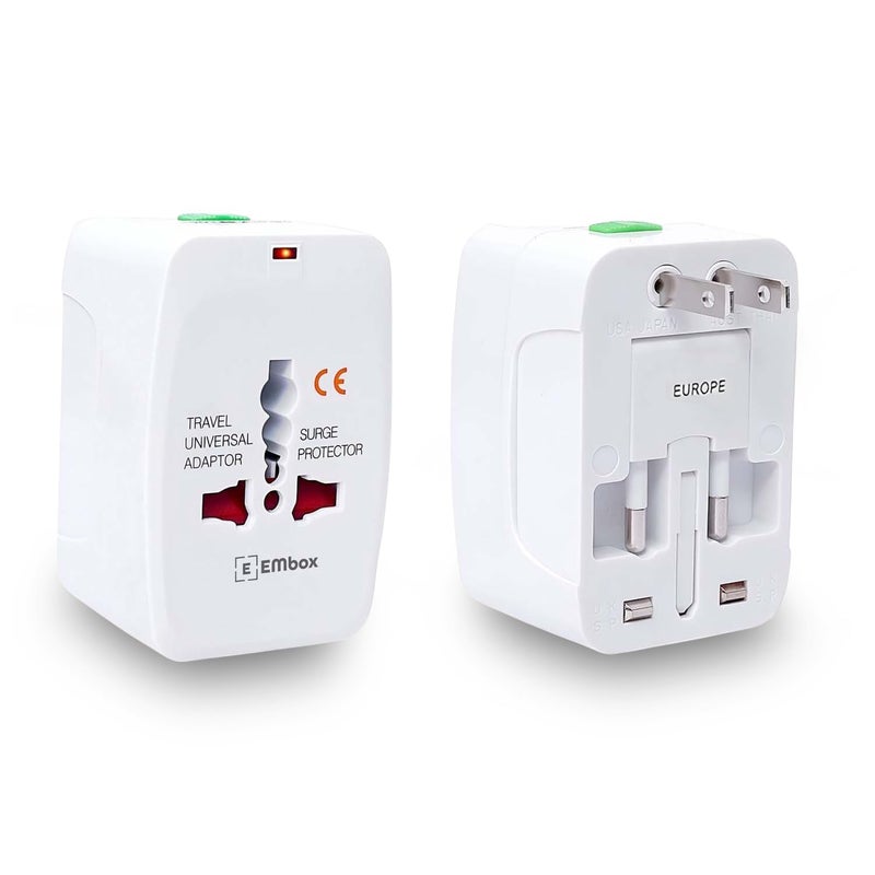 EMBOX محول شاحن عالمي يدعم 224+ دولة محول سفر دولي شامل في واحد عالمي محول سفر دولي (أبيض) - Image 1