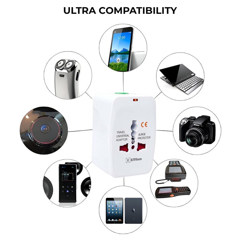 EMBOX محول شاحن عالمي يدعم 224+ دولة محول سفر دولي شامل في واحد عالمي محول سفر دولي (أبيض) - Image 4