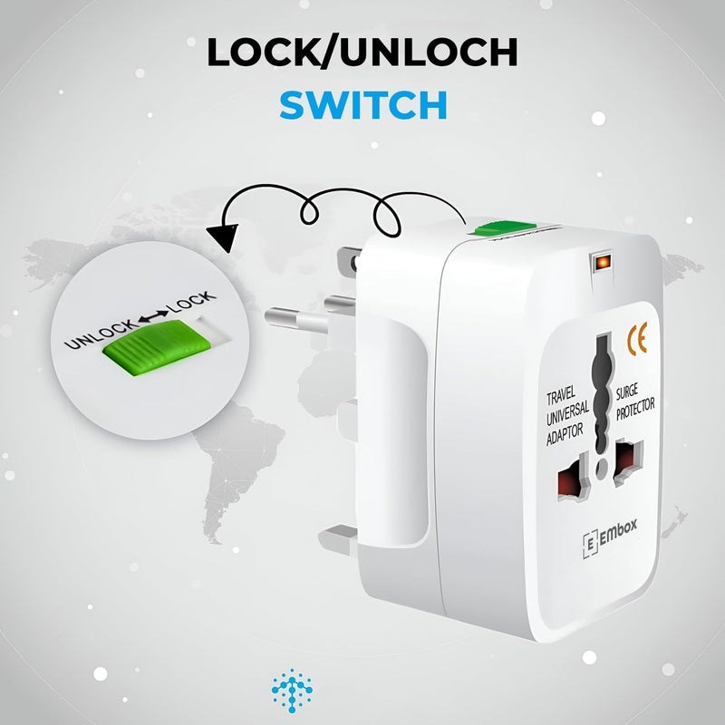 EMBOX محول شاحن عالمي يدعم 224+ دولة محول سفر دولي شامل في واحد عالمي محول سفر دولي (أبيض) - Image 3