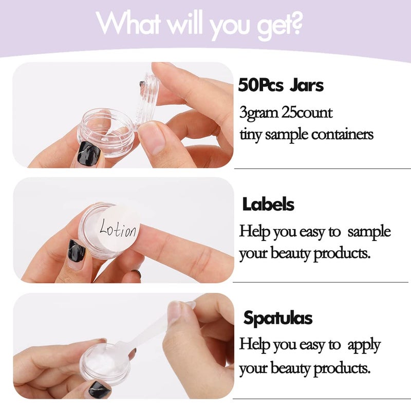 GOLACKY 3 Gram Sample Containers With Lids, 50 Count Clear Jars, Empty Lip Balm, Mini Cosmetic With Labels, Makeup Travel, Mini Disposable Spatulas - Image 4