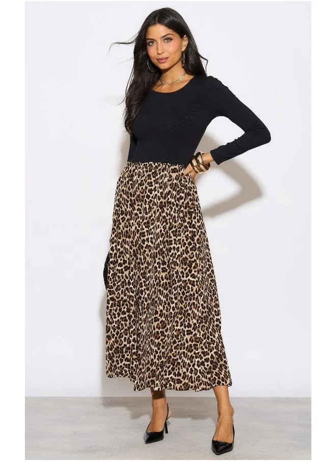 Hoxton Gal Black & Leopard Print Long Sleeve Maxi Dress – Relaxed Fit