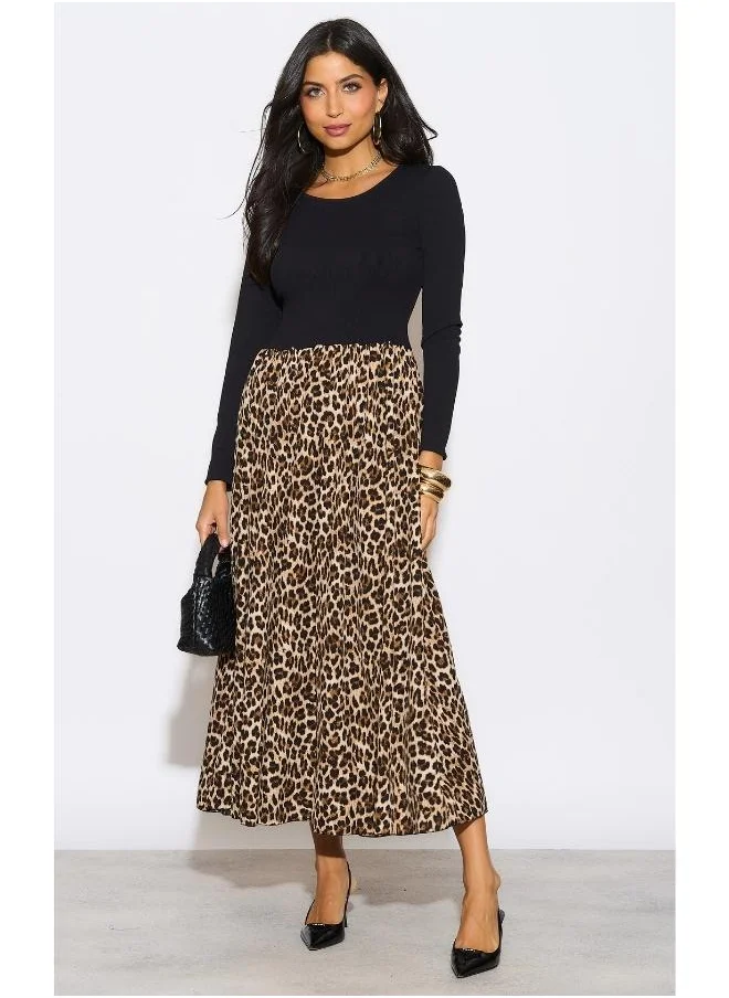 Hoxton Gal Black & Leopard Print Long Sleeve Maxi Dress – Relaxed Fit
