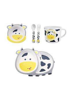 Excefore 5Pcs/Set Kids Dinnerware Set - Children Dishes - Food Plate Bowl Cup Spoon Fork Set Natural Bamboo Fiber Dishware, BPA Free Dishwasher Safe (Cow)  - Image 1