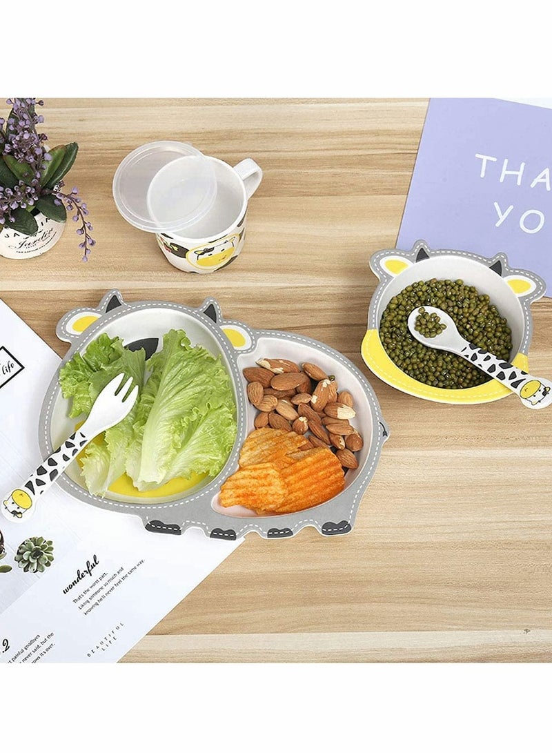 Excefore 5Pcs/Set Kids Dinnerware Set - Children Dishes - Food Plate Bowl Cup Spoon Fork Set Natural Bamboo Fiber Dishware, BPA Free Dishwasher Safe (Cow) - Image 5