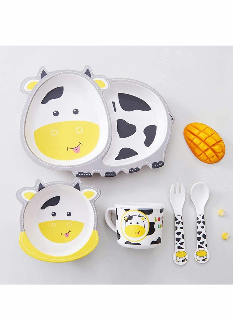 Excefore 5Pcs/Set Kids Dinnerware Set - Children Dishes - Food Plate Bowl Cup Spoon Fork Set Natural Bamboo Fiber Dishware, BPA Free Dishwasher Safe (Cow) - Image 2