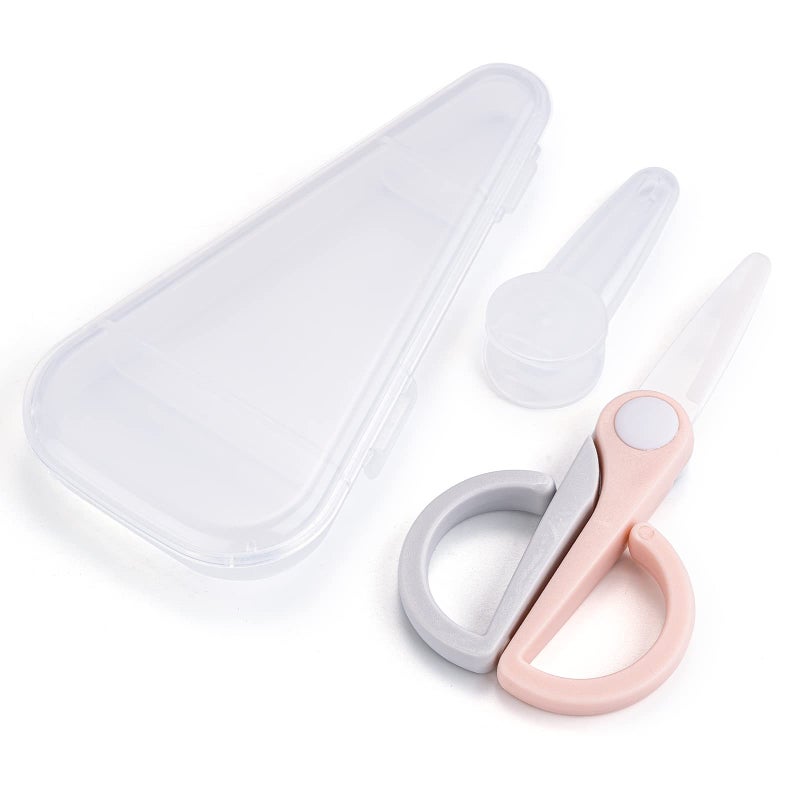 Ceramic Scissors for Baby Food Cutting Safety Healthy BPA Free Toddler Feeding Shears with Protective Blade Cover and Portable Travel CasePinkGrey