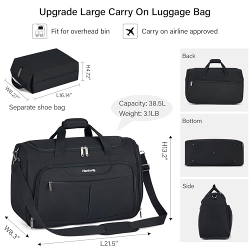 Hanke Carry On luggage Bags for Travel, Large Foldable Duffle Bag for Travel, Softside Lightweight Travel Bag Carry On Bags for Airplanes Women, Travel Tote Bags for Women Men.（Black） - Image 2