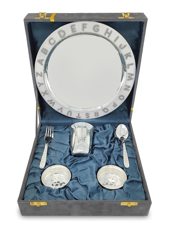 BENGALEN Silver Plated Dinner Set with Grey Velvet Gift Box for Baby Rice Ceremony Annaprashan Sanskar Gifts for Boys Girls Birthday Return Festive Home Decorative Items - Image 1
