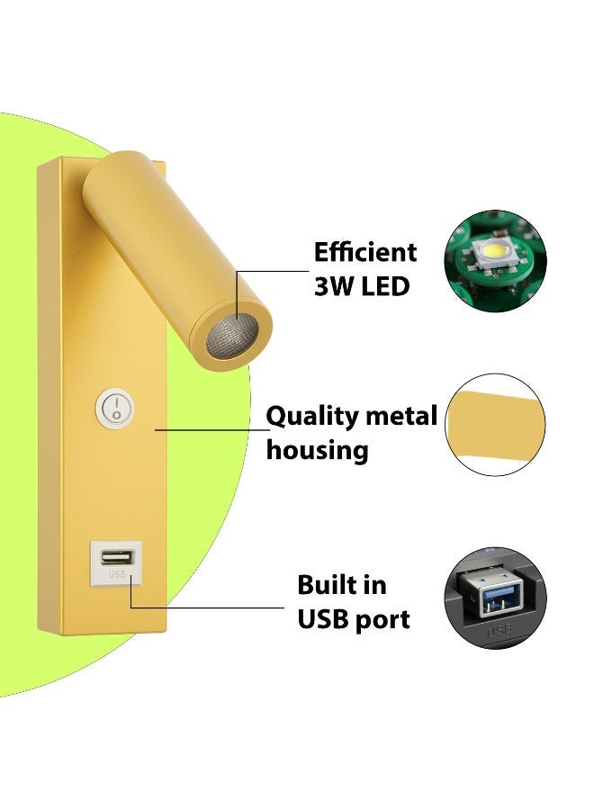 ALFRIDAY Bedside Reading Wall Light with USB Port, Adjustable Head, 3W LED, Warm 3000K, - Image 4