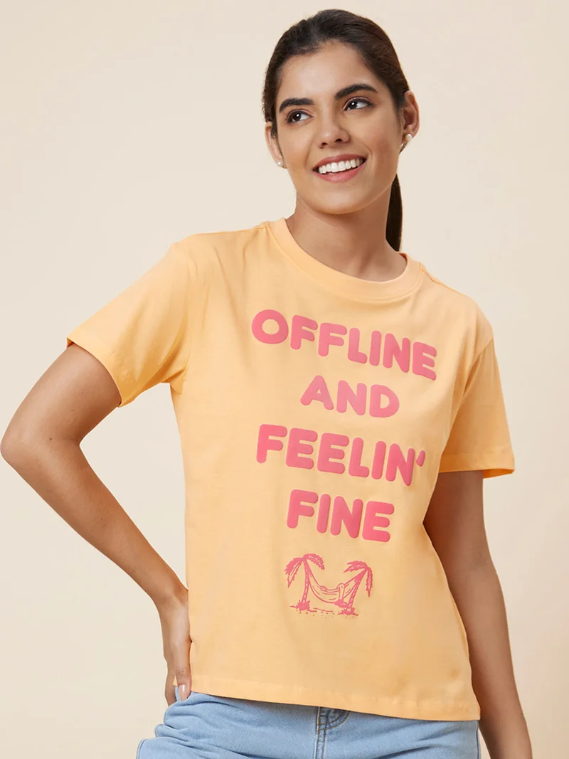 جلو باص تيشيرت قطن خالص بطبعة حروف نسائي برتقالي