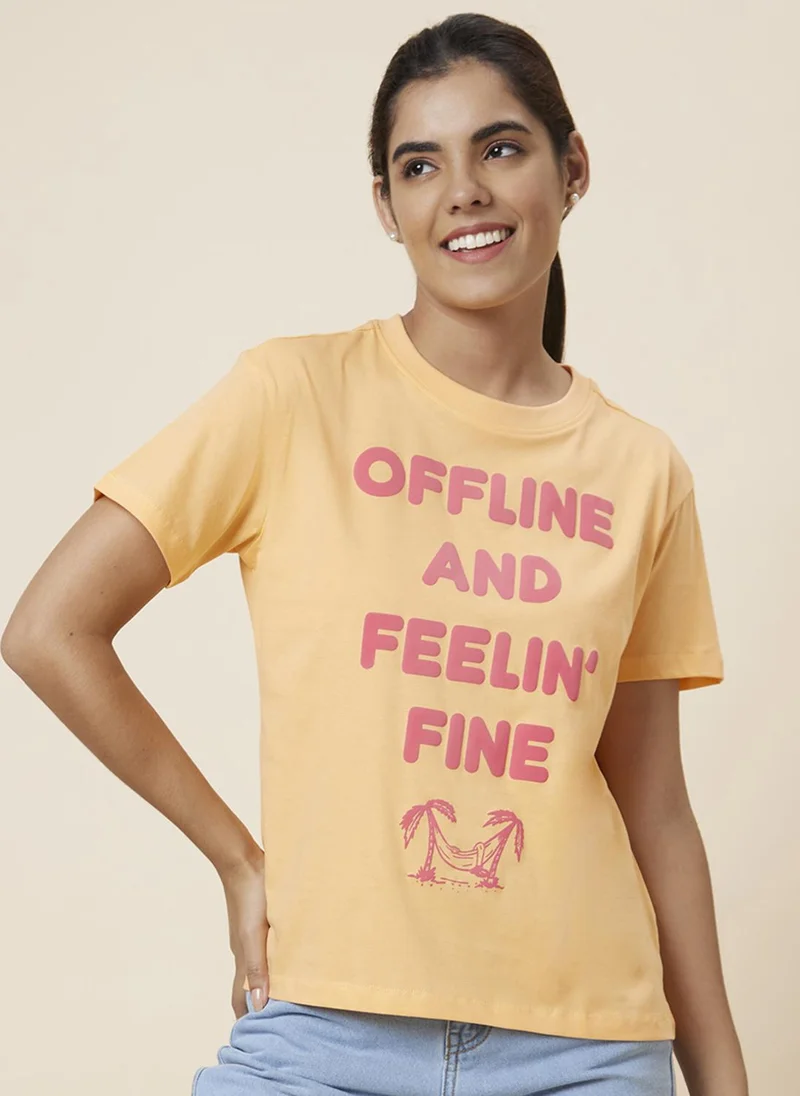 جلو باص تيشيرت قطن خالص بطبعة حروف نسائي برتقالي