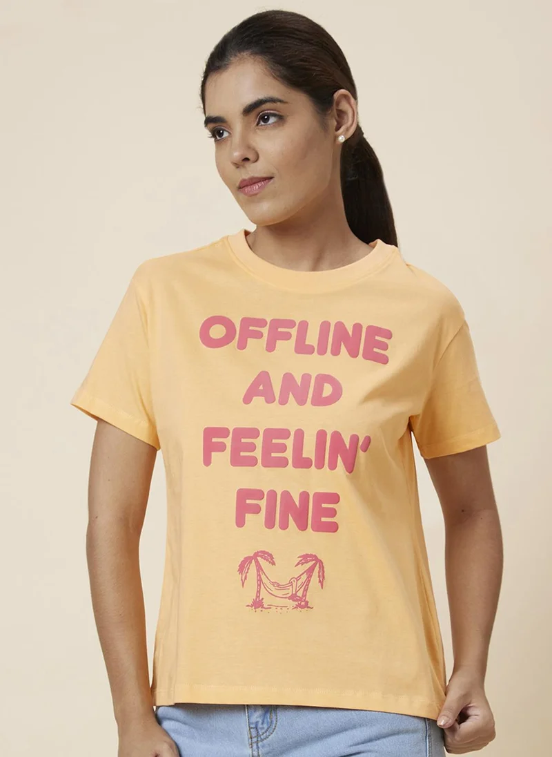 globus Globus Women Orange Typography Printed Pure Cotton T-Shirt