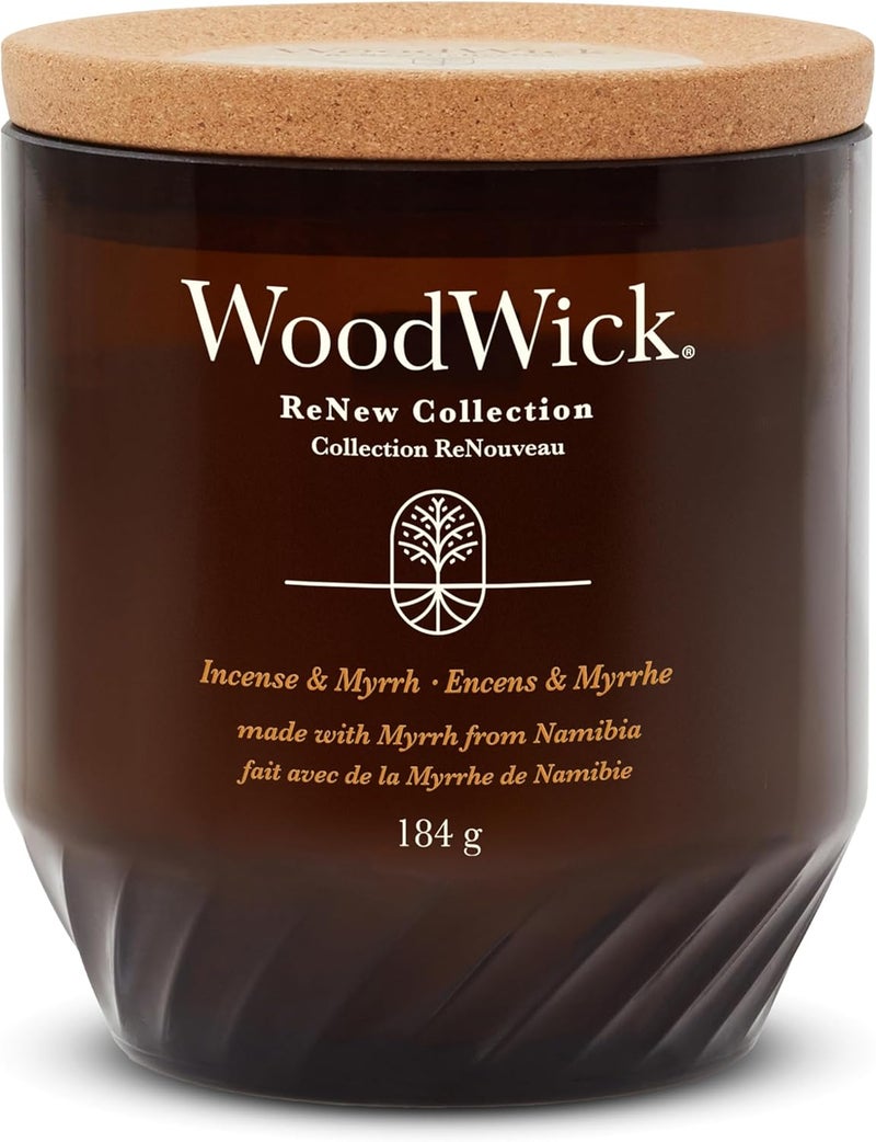 وودويك شمعة WoodWick Renew عطرية بفتيل متشقق | شمعة متوسطة الحجم بنكهة البخور والمر | مزيج من شمع الصويا وجوز الهند النباتي | مصنوعة من مواد معاد تدويرها | هدايا مثالية للنساء - Image 1