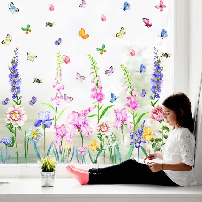 GARDEN FLOWERS WINDOW STICKER FLOWER WALL STICKER IRIS FLORALS WINDOW DECALS PEEL AND STICKGREEN LEAVES WALL VINYL DECALBUTTERFLY BOUQUET WALL ART DECOR FOR GIRLS BEDROOM KITCHEN LIVING ROOM