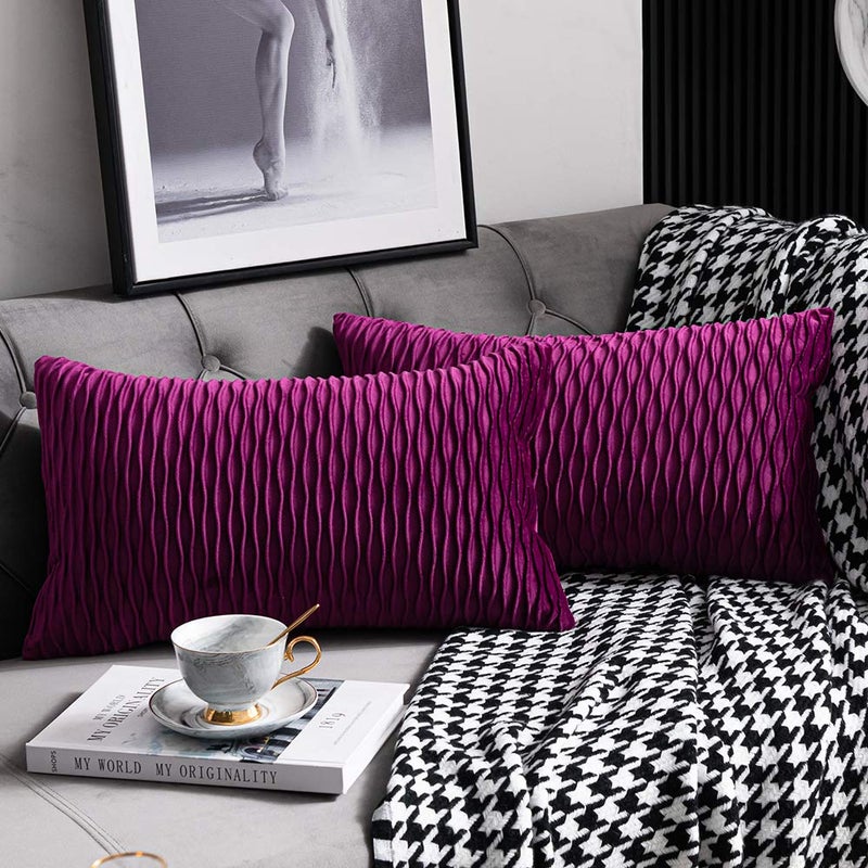 DEZENE 12x20 Purple Throw Pillow Cases 2 Pack Original Striped Velvet Rectangular Decorative Pillow Covers for Farmhouse Couch