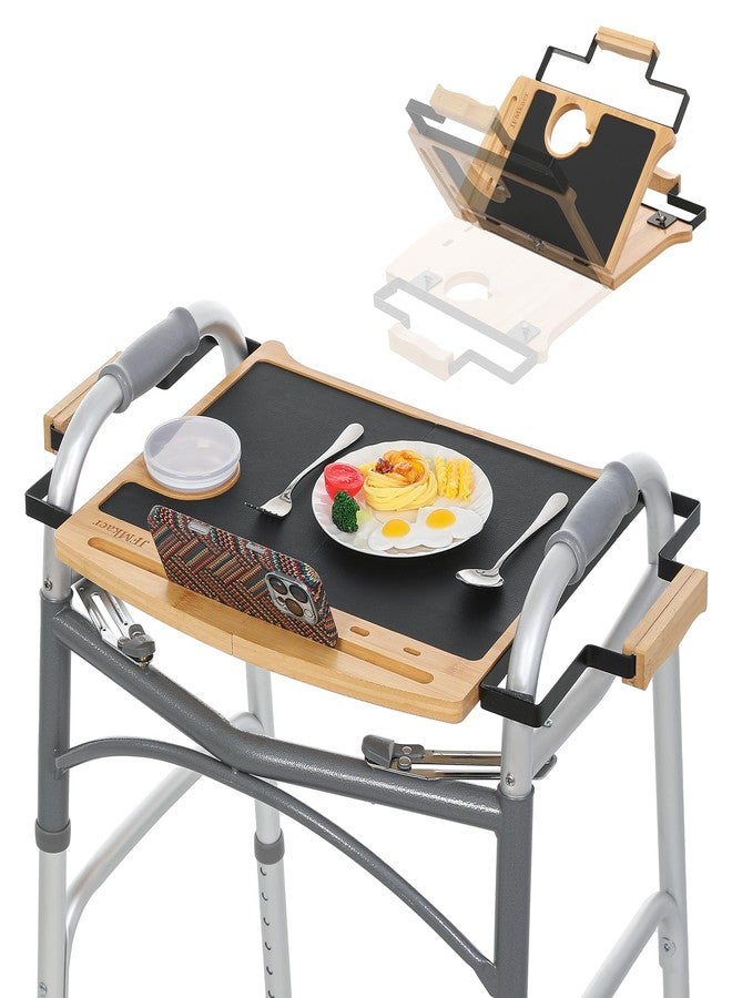 JFMkaer Walker Tray Table with Non-Slip Mat, Tray for Walkers for Seniors Foldable, Food Tray with Cup Holder, Walker Accessories,Bamboo Mobility Table Fits Most Standard Folding Walkers - Image 1