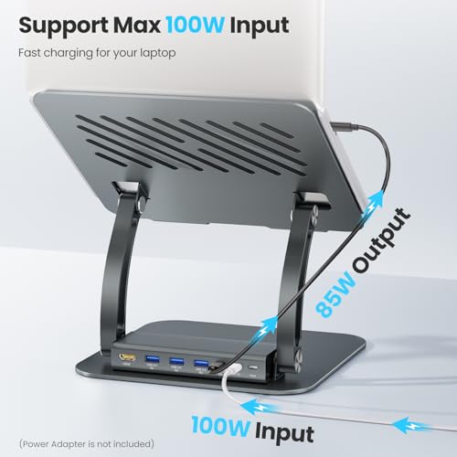 tounee Laptop Stand with Detachable USB-C Hub, 100W PD Charging, 4K@60Hz HDMI, 3 USB Ports, Ergonomic Laptop Holder Docking Station for 10-17" Laptops, MacBook & More - Gray - Image 4