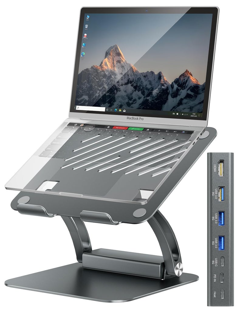 tounee Laptop Stand with Detachable USB-C Hub, 100W PD Charging, 4K@60Hz HDMI, 3 USB Ports, Ergonomic Laptop Holder Docking Station for 10-17" Laptops, MacBook & More - Gray - Image 1