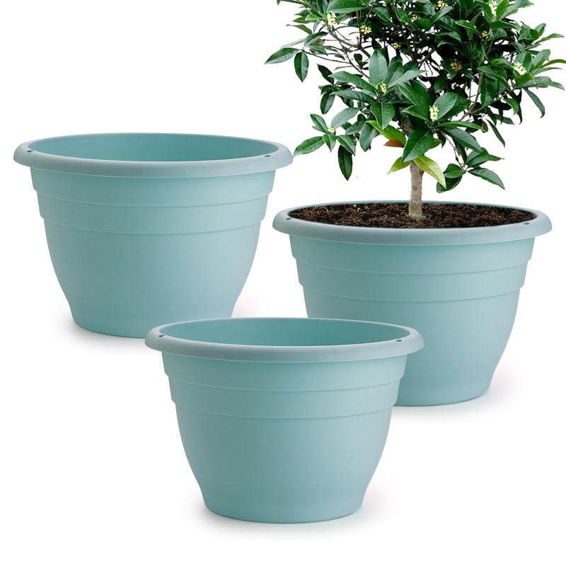 RooTrimmer 3 Pack 11 Inch Plant Pots with Drainage Hole and Plug, Durable Plastic Flower Pots for Indoor & Outdoor Plants, Elegant Mordern Plant Pots Perfect for Herbs, Flowers & Succulents, Blue - Image 1