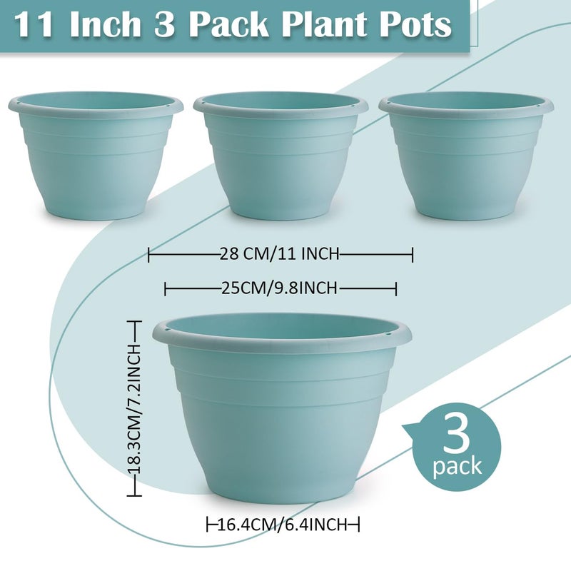 RooTrimmer 3 Pack 11 Inch Plant Pots with Drainage Hole and Plug, Durable Plastic Flower Pots for Indoor & Outdoor Plants, Elegant Mordern Plant Pots Perfect for Herbs, Flowers & Succulents, Blue - Image 4