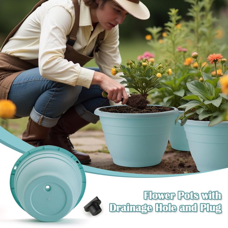 RooTrimmer 3 Pack 11 Inch Plant Pots with Drainage Hole and Plug, Durable Plastic Flower Pots for Indoor & Outdoor Plants, Elegant Mordern Plant Pots Perfect for Herbs, Flowers & Succulents, Blue - Image 2
