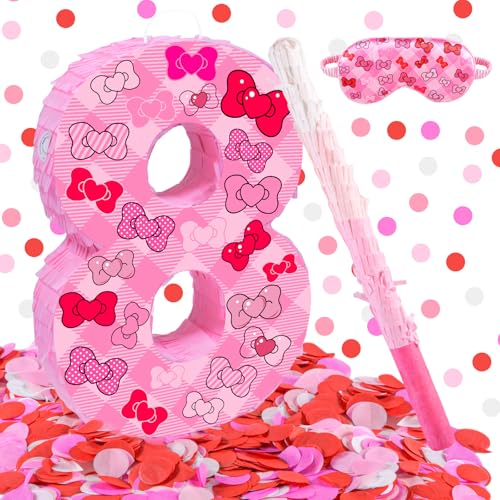 Lcoor Pink Bow 8th Birthday Decorations 1575inch Bow Number 8 Piata with Blindfold Stick and Confetti for Pink Bow Birthday Party Supplies 8 - Image 1