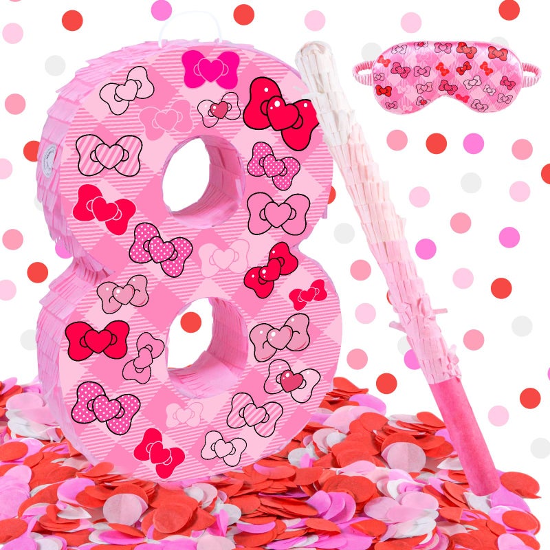 Lcoor Pink Bow 8th Birthday Decorations 1575inch Bow Number 8 Piata with Blindfold Stick and Confetti for Pink Bow Birthday Party Supplies 8 - Image 3