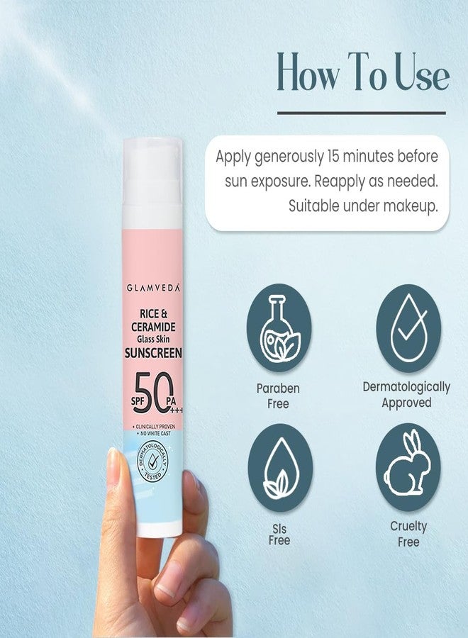 Glamveda Rice & Ceramide Dewy Sunscreen SPF 50 PA+++ | Transparent, Ultra lightweight gel cream | No White Cast, Water & Sweat Proof | For Dry & Sensitive Skin Types 50 ml - Image 4