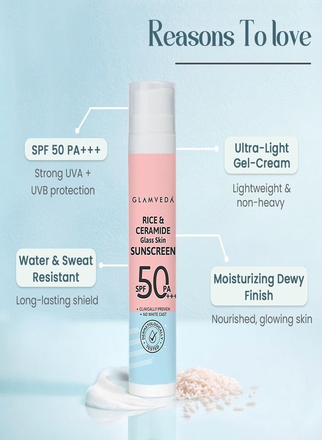 Glamveda Rice & Ceramide Dewy Sunscreen SPF 50 PA+++ | Transparent, Ultra lightweight gel cream | No White Cast, Water & Sweat Proof | For Dry & Sensitive Skin Types 50 ml - Image 3
