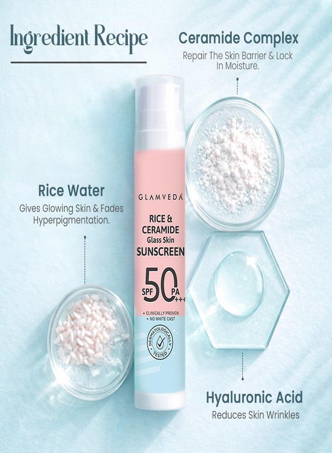 Glamveda Rice & Ceramide Dewy Sunscreen SPF 50 PA+++ | Transparent, Ultra lightweight gel cream | No White Cast, Water & Sweat Proof | For Dry & Sensitive Skin Types 50 ml - Image 2