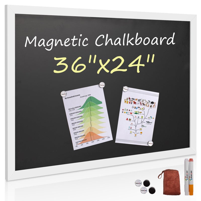 Board2by Rustic Wood Framed Magnetic Chalkboard 24 x 36 Large Hanging Chalk Board Sign for Kids NonPorous Wall Blackboard for Wedding Kitchen Restaurant Menu and Home with 4 Unique Magnets White
