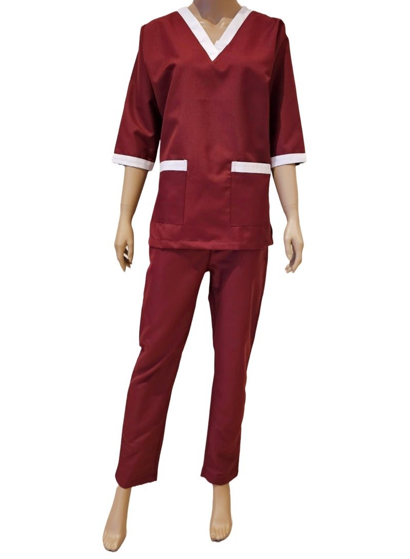 Rannah's Uniform Scrubs Three-Quarter Sleeve Medical Uniform Unisex Top and Pants Maroon Nurse Suit Set  - Image 1