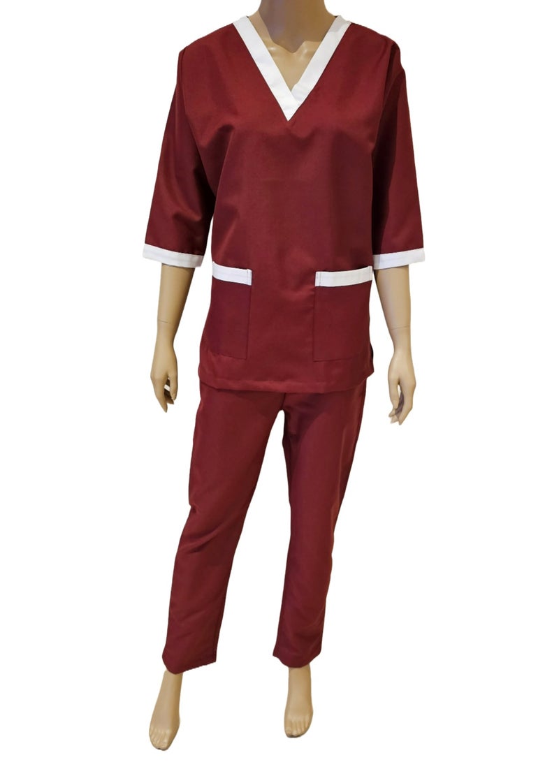 Rannah's Uniform Scrubs Three-Quarter Sleeve Medical Uniform Unisex Top and Pants Maroon Nurse Suit Set  - Image 2