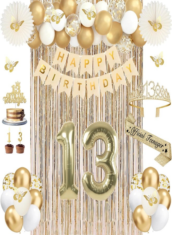 Juesly 13th Birthday Decorations for Girls, Gold 13 Birthday Girl Decorations for Her, 13 Sash and Crown, Banner, Fringe Curtains, Hanging Paper Fans, 13 Year Old Party Supplies Set - Image 1