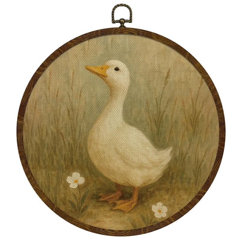 KLYTINK Vintage Goose Round Wall Art Framed,Retro Country Goose Circular Wall Art Decor,Canvas Print with Wildflower Design,Farmhouse Decor for Bedroom, Living Room, Gallery Space, Mother's Day Gift for Mom 10"x10" (Goose-01) - Image 1