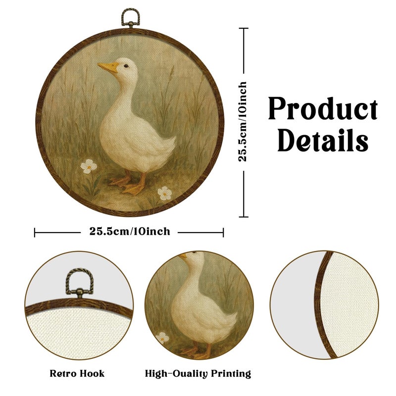 KLYTINK Vintage Goose Round Wall Art Framed,Retro Country Goose Circular Wall Art Decor,Canvas Print with Wildflower Design,Farmhouse Decor for Bedroom, Living Room, Gallery Space, Mother's Day Gift for Mom 10"x10" (Goose-01) - Image 2