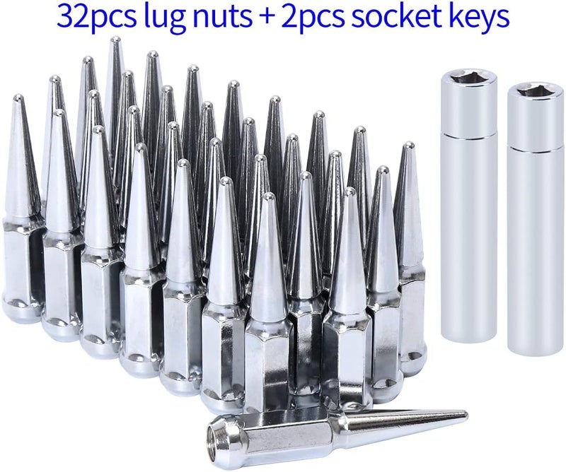 ChnewAuto M14x1.5 Chrome Spike Lug Nut Set - 32 Pieces with 2 Socket Keys - Image 2