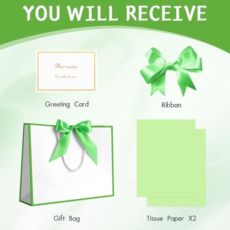 1PCS Large Gift Bag with Ribbon and 1 Greeting Card 2 Tissue Papers, Portable Paper Gift Bag with Handles, Birthday Present Bags for Wedding Party,Mothers Day12.6 x 9.8 x 3.9(White-Green - Image 3