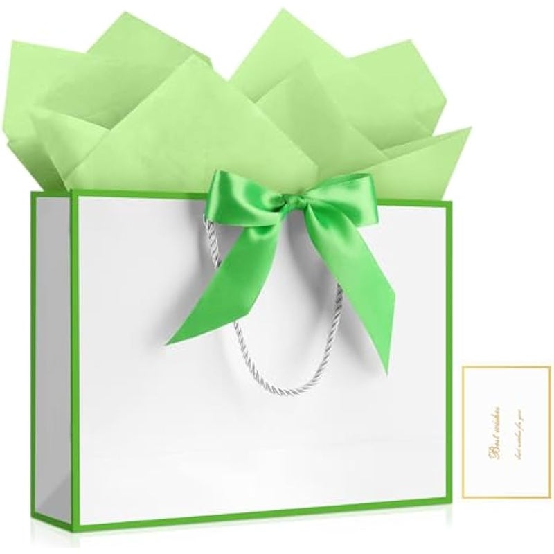 1PCS Large Gift Bag with Ribbon and 1 Greeting Card 2 Tissue Papers, Portable Paper Gift Bag with Handles, Birthday Present Bags for Wedding Party,Mothers Day12.6 x 9.8 x 3.9(White-Green - Image 1
