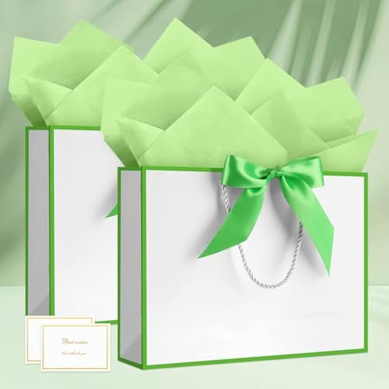 1PCS Large Gift Bag with Ribbon and 1 Greeting Card 2 Tissue Papers, Portable Paper Gift Bag with Handles, Birthday Present Bags for Wedding Party,Mothers Day12.6 x 9.8 x 3.9(White-Green - Image 2
