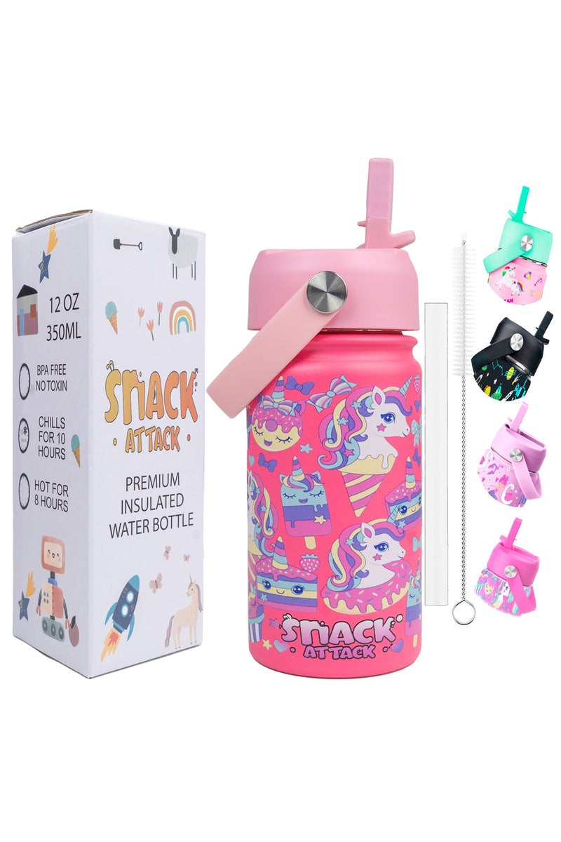 Snack attack SA Kids Water Bottle for School Insulated water bottle with Straw Lid, Kids water bottle stainless steel, Double Wall, Baby water bottle, Steel water bottle (Pink Family) - Image 1