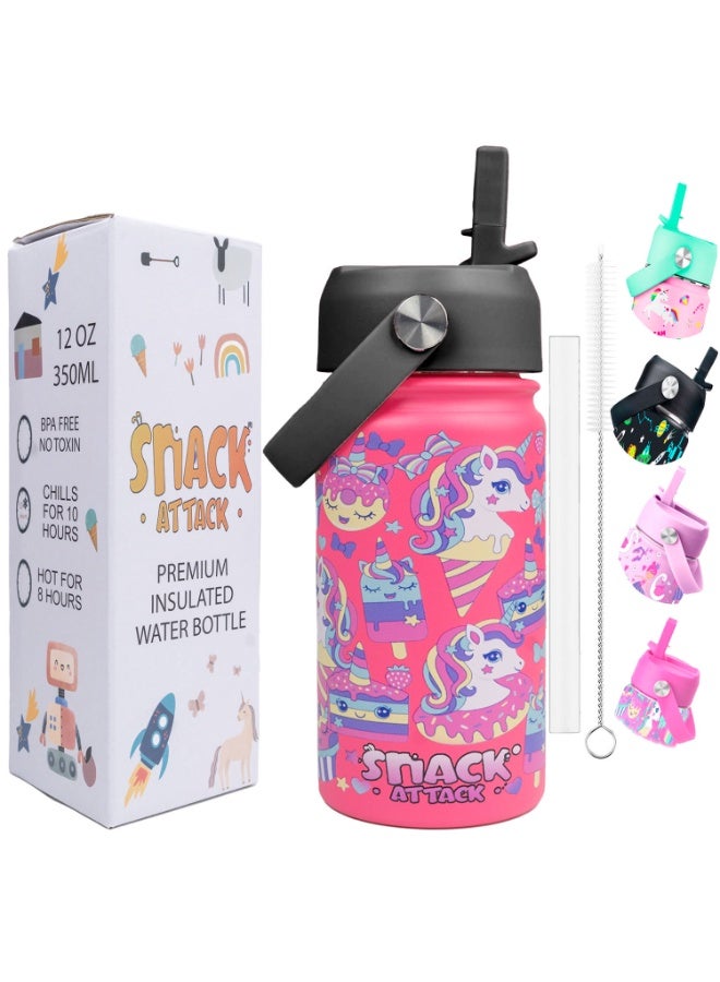 Snack attack SA Kids Water Bottle for School Insulated water bottle with Straw Lid, Kids water bottle stainless steel, Double Wall, Baby water bottle, Steel water bottle (Pink Family) - Image 1