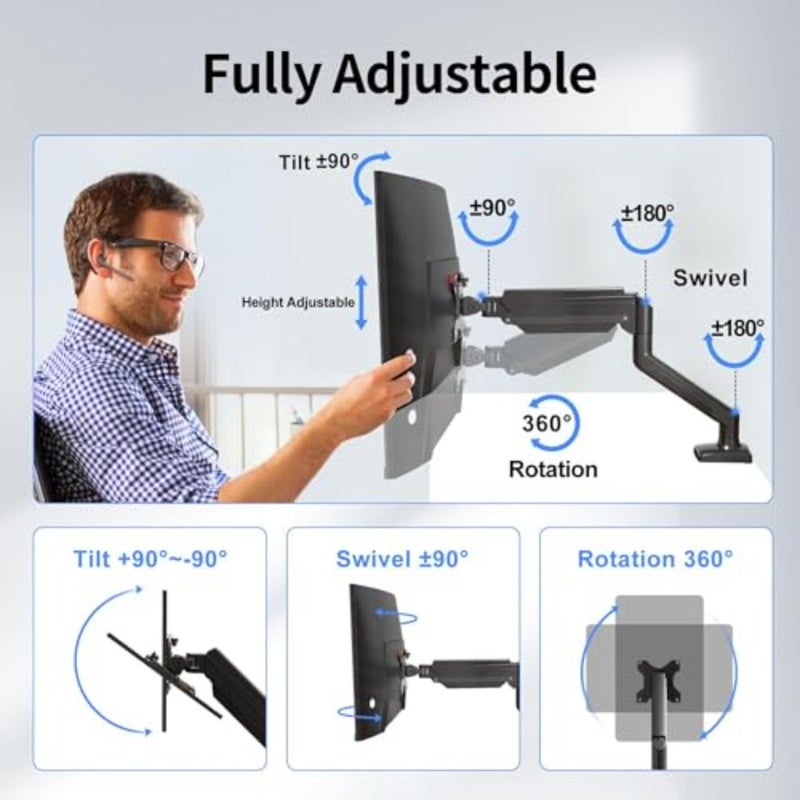Monitor Arm for 13-32 Inch LED LCD Screens up to 9kg, Gas Spring Stand with 360 Rotation, Height Adjustable, Tilt Swivel, VESA 75x75/100x100 Mount, MD01A - Image 4